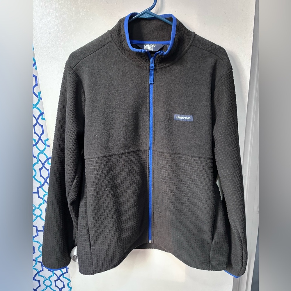 Lands' End Men's Black Full-Zip Fleece Grid Jacket with Blue Trim